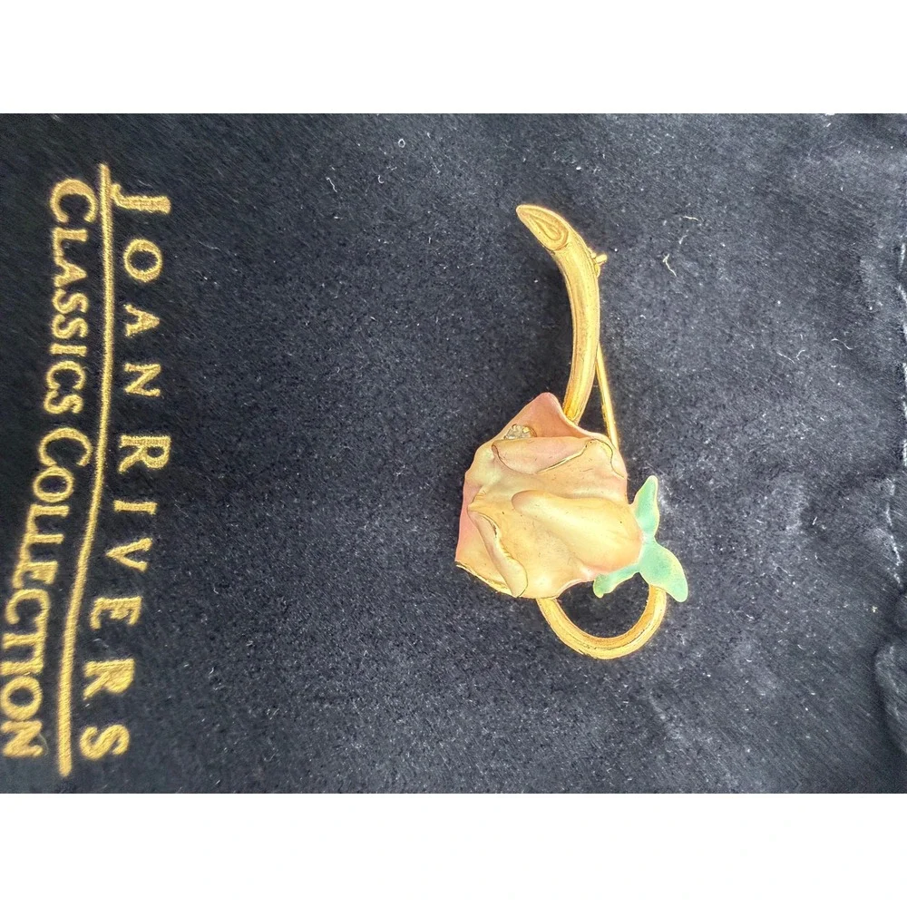 Joan Rivers Classics Collection Rose Bud Brooch Enamel Gold Tone‎ Rhinestone Pin